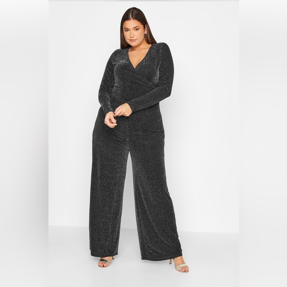 LTS Long Tall Sally Black & Silver Stretch Glitter Wrap Jumpsuit Size 14-16, NWT
